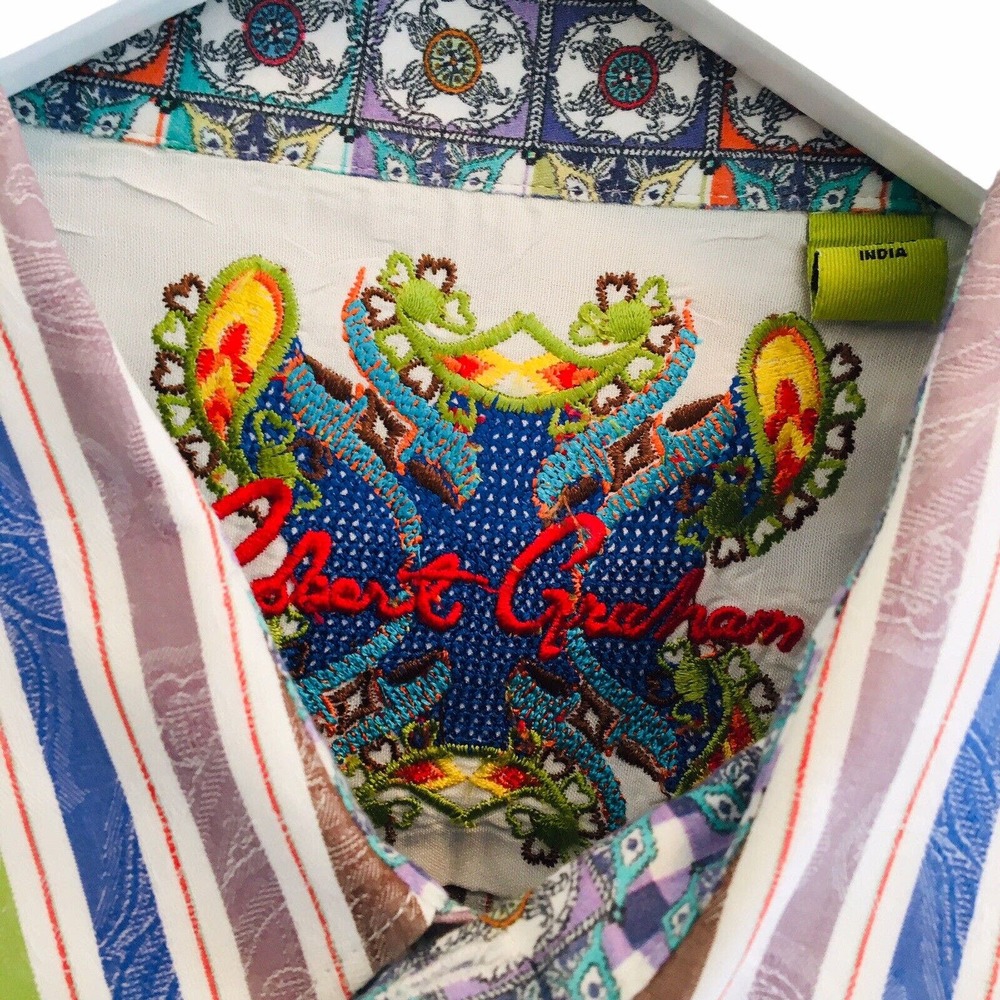 ROBERT GRAHAM 3XL Vertical Striped Multi Color Paisley Flip Cuff Button Up EUC